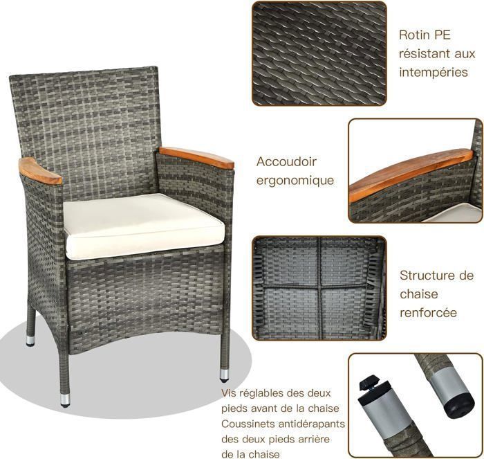 COSTWAY Salon de Jardin avec 1 Table et 8 Chaises en Bois et Rotin Anti-UV, Pieds Réglables et Coussins Imperméables Inclus, Gris