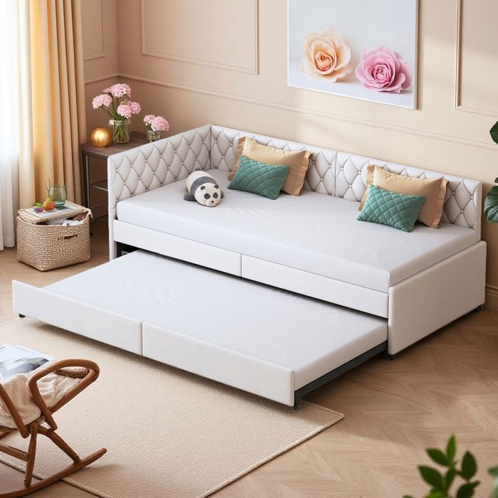Canapé-Lit Clic-Clac 90x200 cm Déplié 180x200 cm - Velours Beige - Convertible Design Losange Capitonné