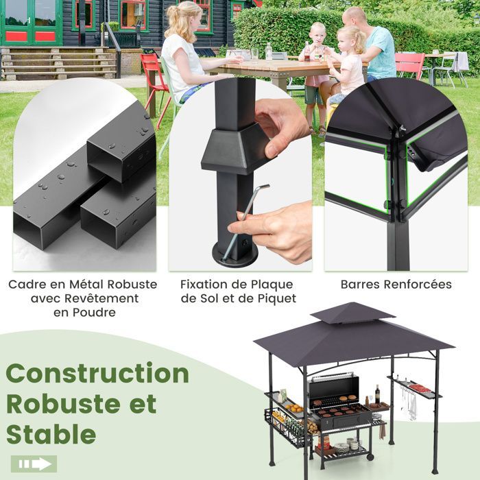 COSTWAY 242x153cm Barbecue Gazebo - 2-Tier Roof - 2 Side Shelves - Storage Basket - Hanging Hooks - Bottle Opener - Grey