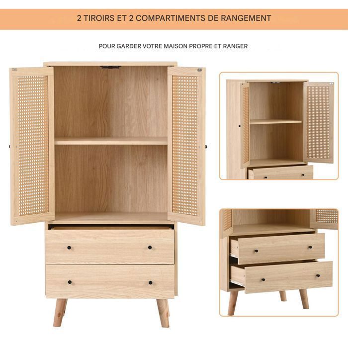 Chest of drawers - NEXU - Scandinavian storage unit - Sideboard with 2 doors and 2 drawers - 60 x 40 x 120 cm - Wood color