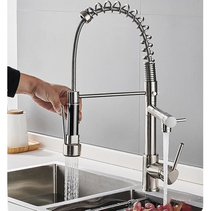 Grifo de cocina - LEYSHOP - Grifo mezclador de fregadero con resorte, giro de 360°, doble salida - Acabado cepillado