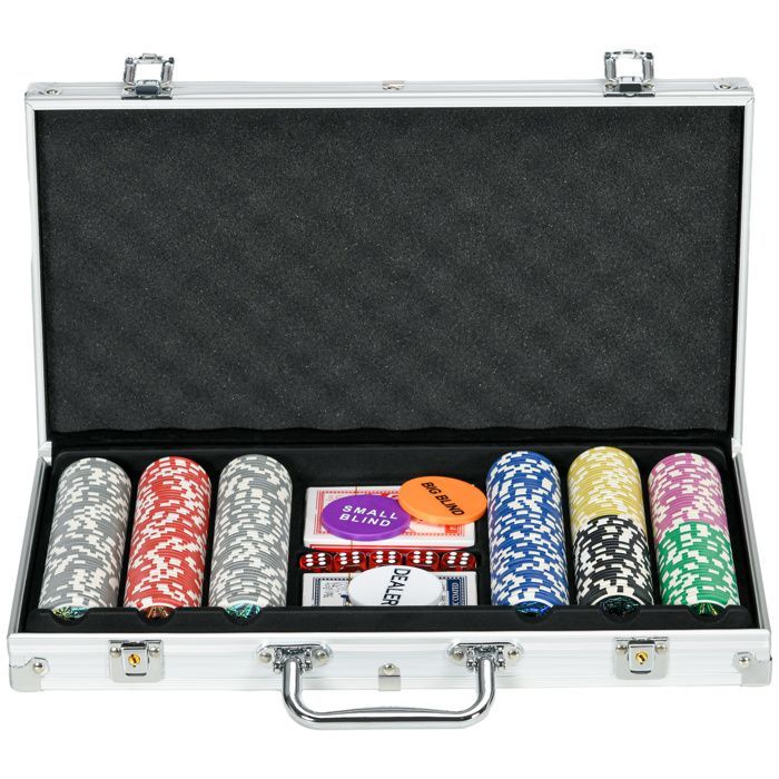 Set da Poker - Kit da Poker Completo - SPORTNOW - 300 Chip, 5 Dadi, 2 Mazzi di Carte, Tappetino in Feltro - Alluminio - Grigio