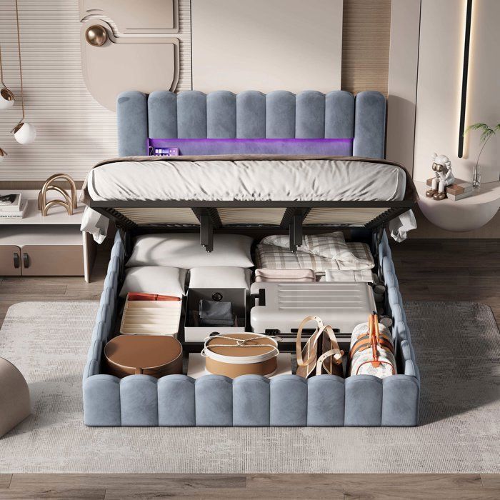 Cama com arrumação 180 x 200 cm, cama de 180x200 com estrado de ripas, com porta USB e LED, cama de casal estofada, design de tronco de árvore, estrutura de cama, veludo, cinza