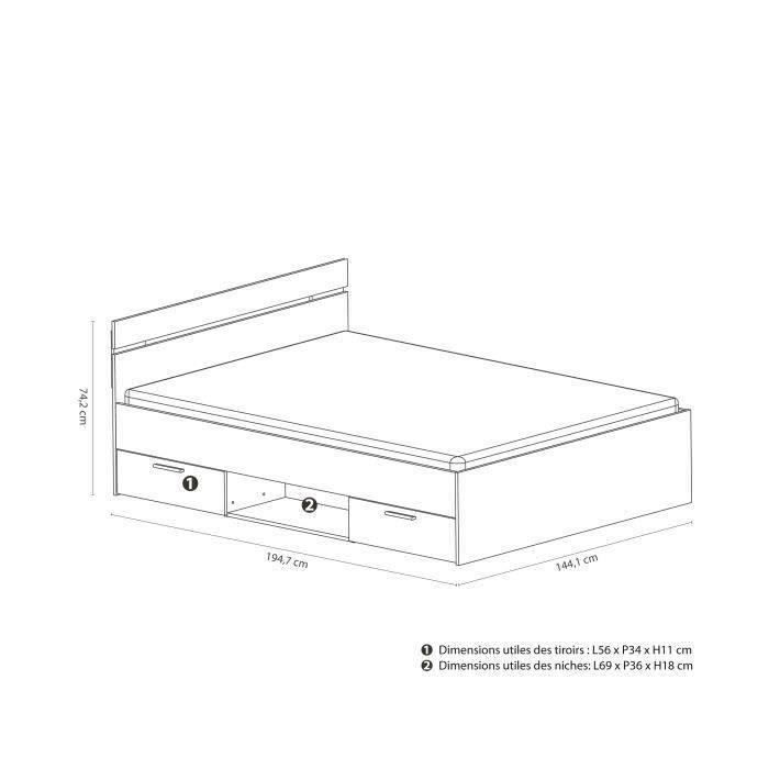 Letto matrimoniale DEMEYERE Michigan 140x190 cm - 2 cassetti e 1 nicchia - Stile industriale - Finitura rovere spazzolato e nero