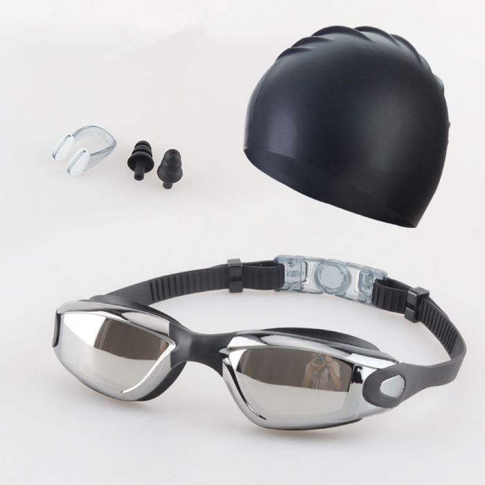 ®RisingFF Waterdichte zwembril met neusclip, oordopjes, badmuts en brillenkoker, zwart en zilver.