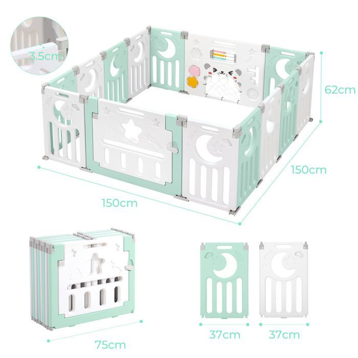 Parque infantil para bebés - XL - Verde - Plástico ecológico - De 0 a 3 años - 14 paneles - 150 × 150 cm - Plegable