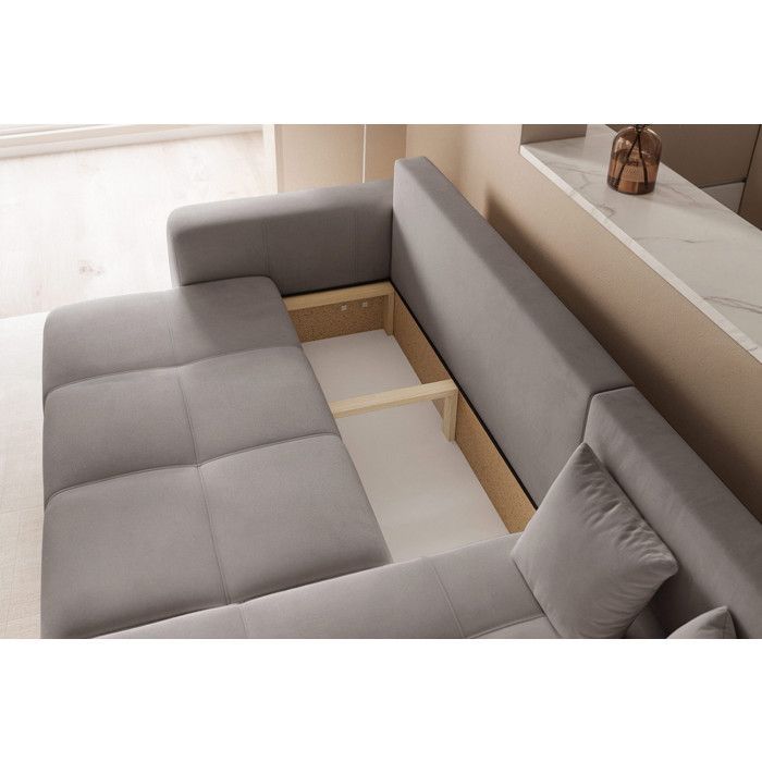 Canapé d'angle Réversible PEDRO - 4 places - Canape Convertible avec Coffre - Tissu Velours - Gris clair