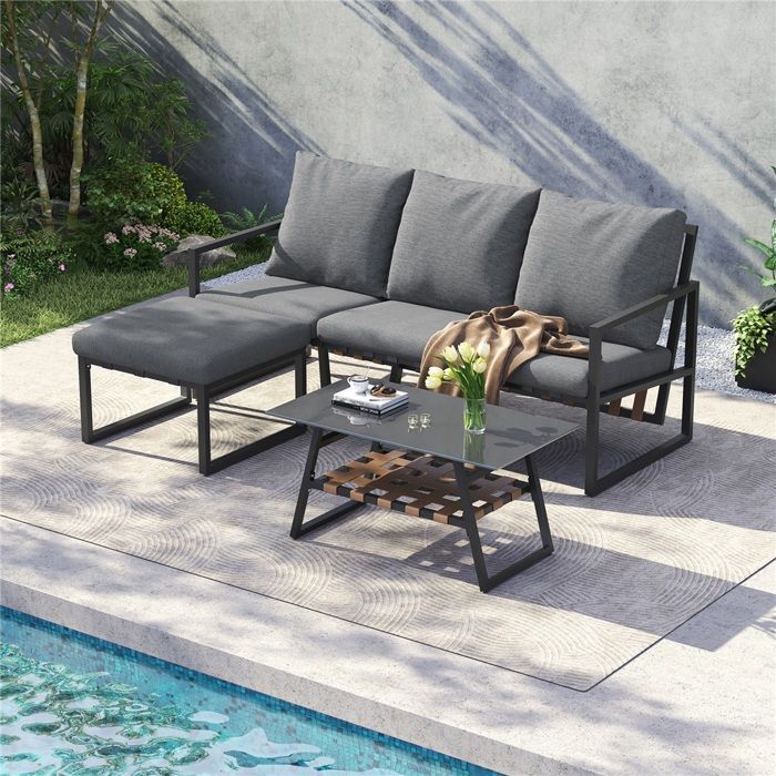 Grey Garden Set - Chair, Table, Tea Set, Footrest - Galvanized Steel, Glass - Ideal for Outdoor Pools, Durable, Comfortable
