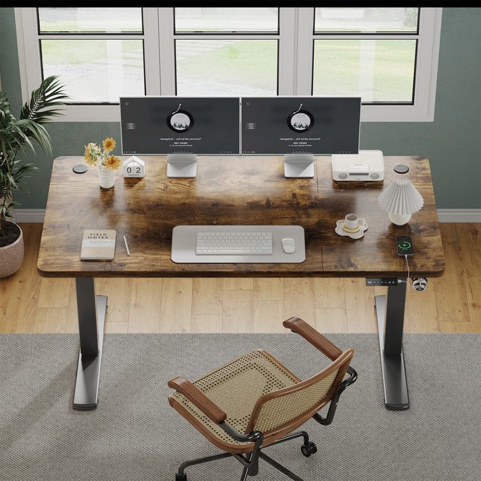 Escritorio eléctrico regulable en altura de 120x60cm, color tostado - Altura ajustable (73-118cm) - Motor silencioso con memoria y puertos USB