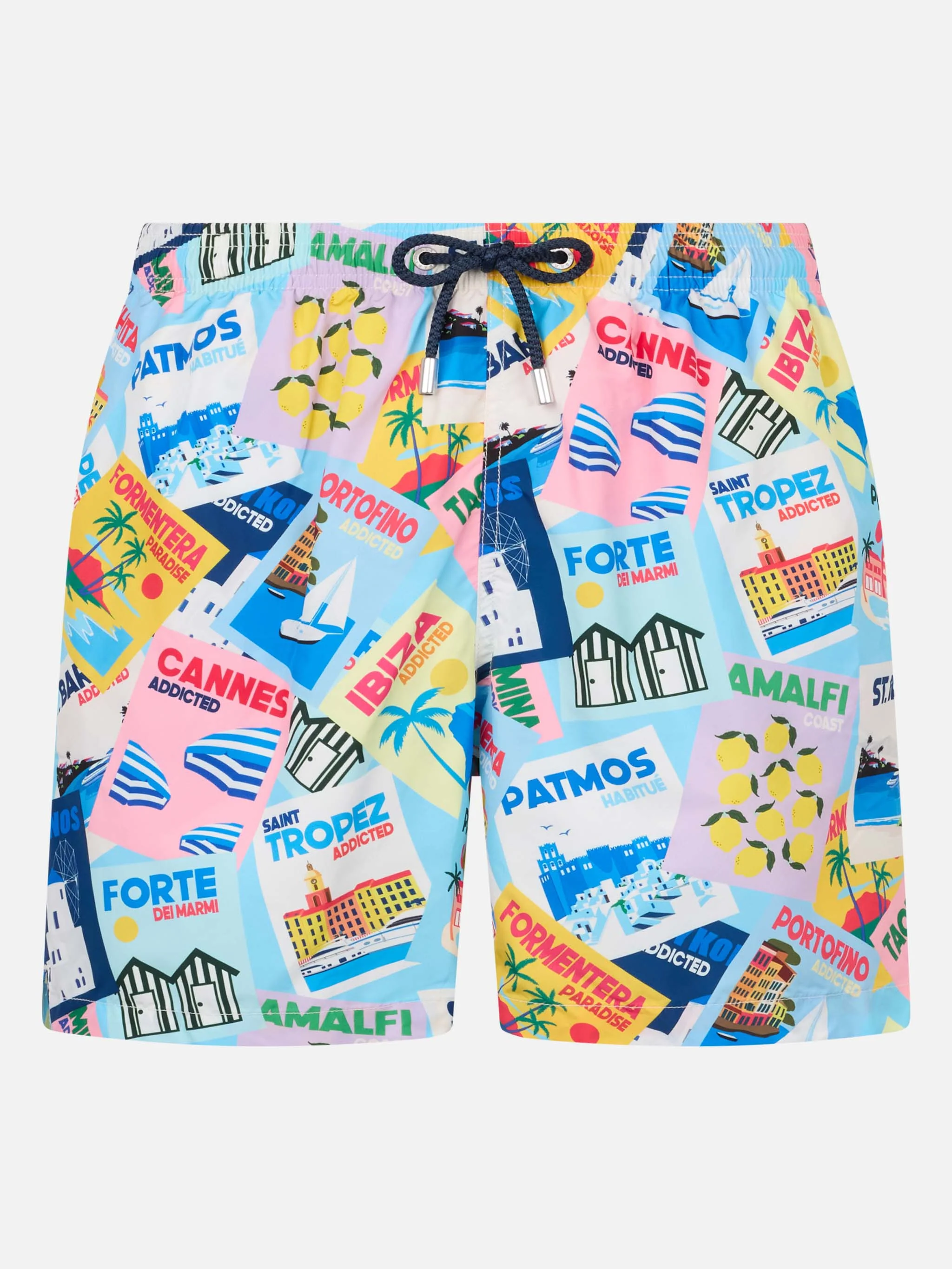 Man Lighting Mid-Length Swim Shorts – Quick-Drying, Postcard All-Over Print, Recycled Polyester, Water Drainage Eyelets | MC2 Saint Barth