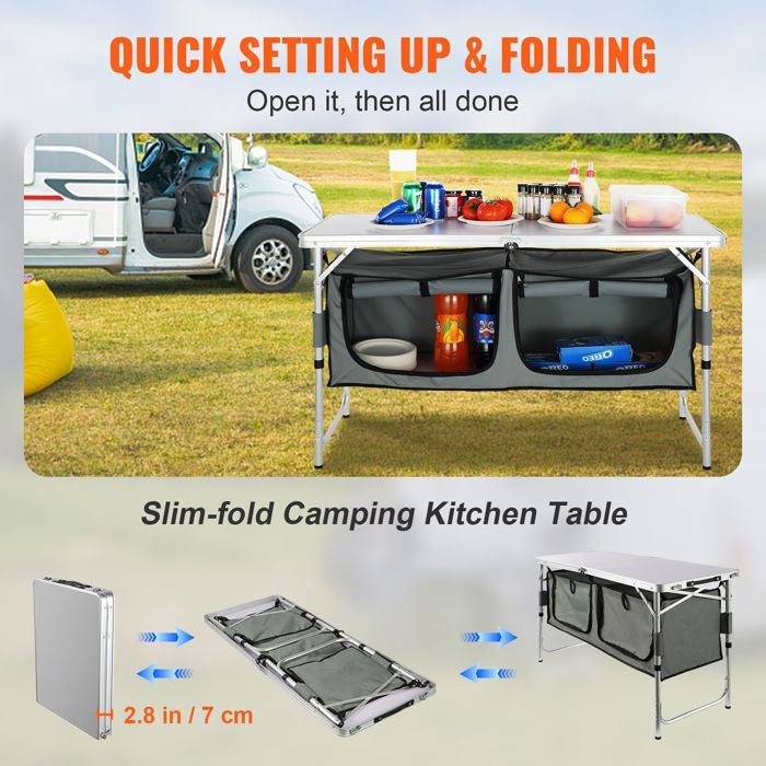Duoku Camping Kitchen Table - Portable Folding Cooking Station with 3 Adjustable Heights