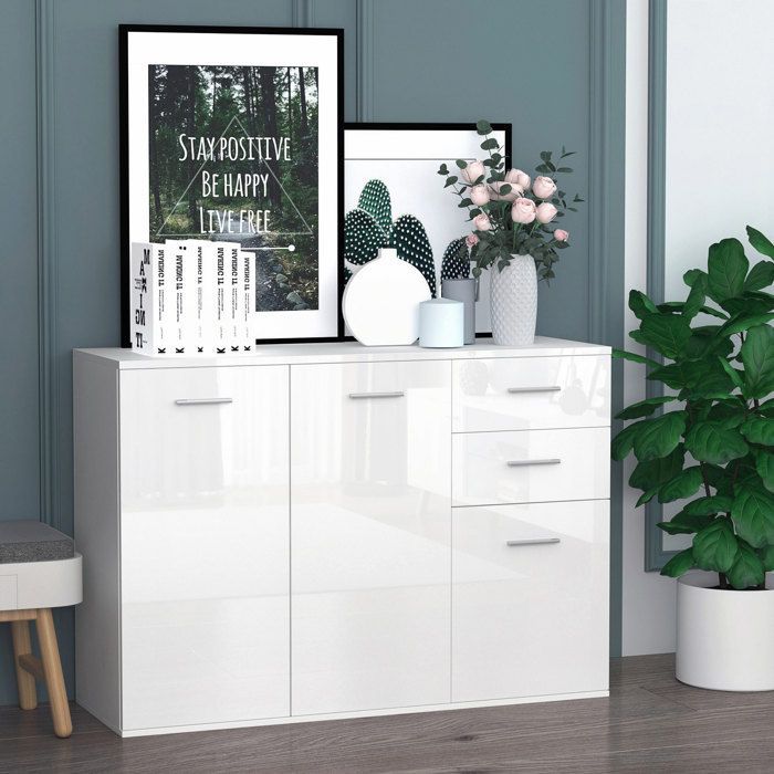 Aparador de salón - mueble de almacenamiento - HOMCOM - alto brillo, 2 cajones, 3 puertas, estante ajustable, estilo contemporáneo - madera - blanco