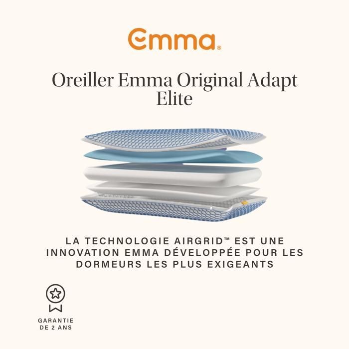 EMMA | Oreiller Emma Original Adapt Elite 40x70 cm | Mémoire de Forme Ergonomique | AirGrid® Ultra Respirant| Housse Lavable