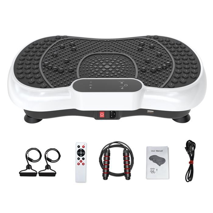 Plataforma vibratoria BIGZZIA, altavoces Bluetooth y cordón ajustable, 99 niveles, pantalla táctil LED, cuerda para saltar, color blanco.