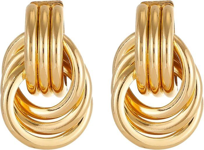 18k gold earrings with gift box, geometric design for women and girls, dangling earrings with large gold bows, jewelry