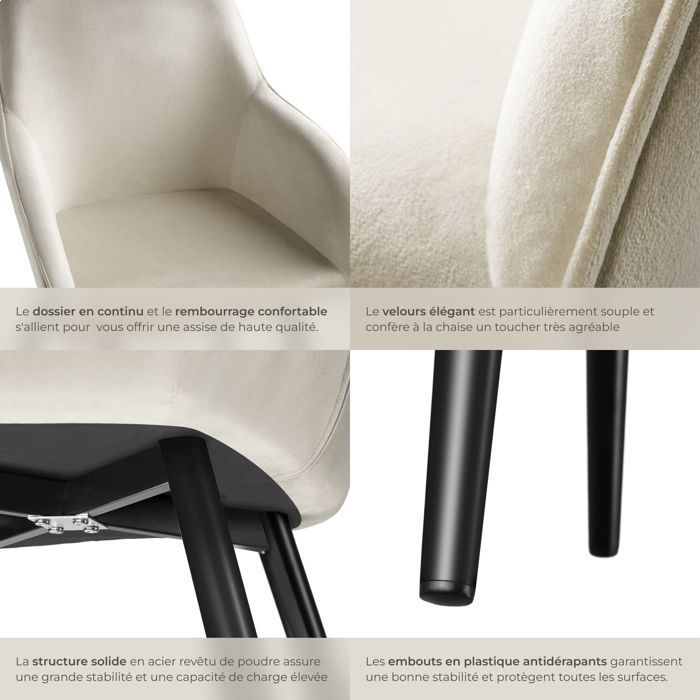 Chaise - TECTAKE - Fauteuil de salle à manger MARYLIN en velours avec pieds en acier noir - Crème/Noir