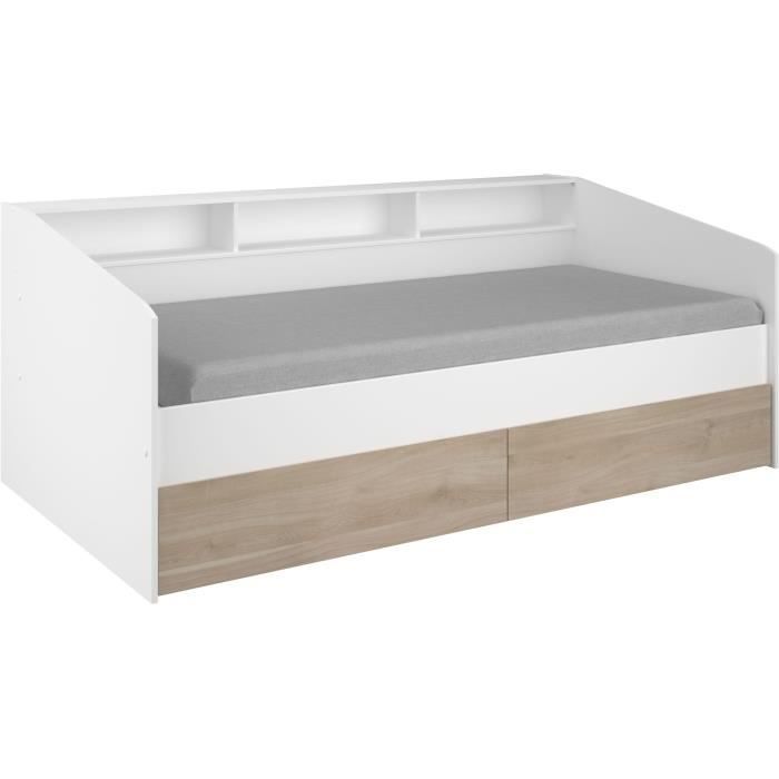 Divano letto con 2 cassetti, 90 x 200/190 cm - MDF - Finitura rovere opaco e bianco - JOY - 2339ENSE
