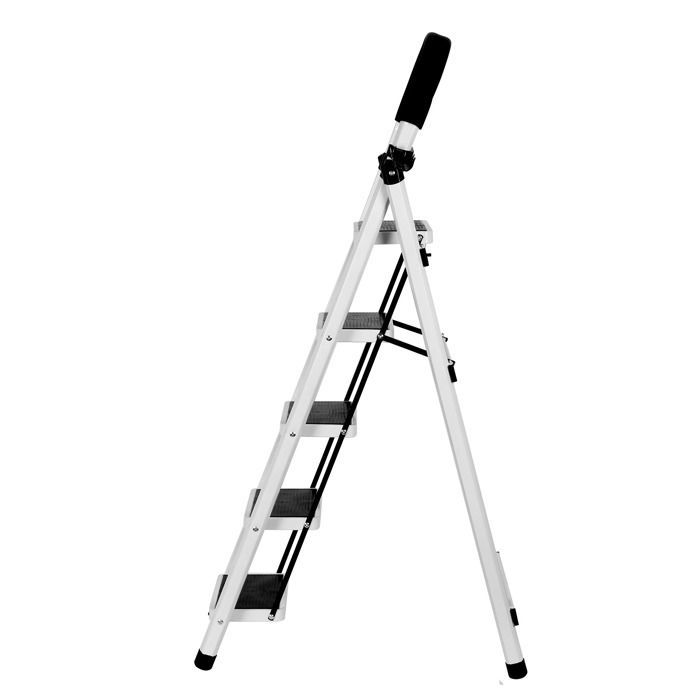 Escalera plegable de acero blanca de 5 peldaños y 152 cm de altura, con asa y plataforma antideslizante, capacidad de carga de 150 kg.