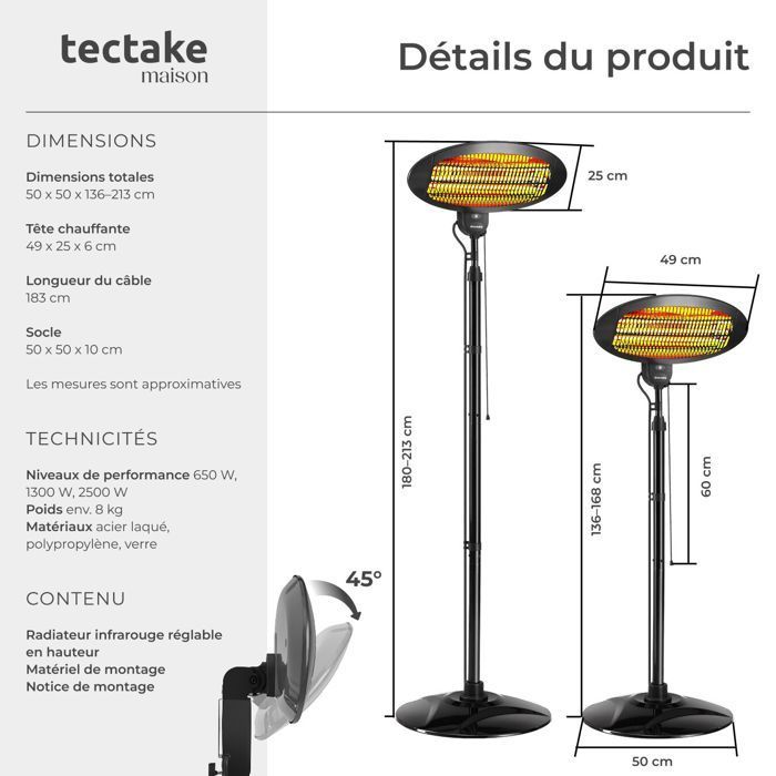 Calefacción exterior - TECTAKE - Solaris Monolith, radiador infrarrojo de 2000 W, regulable en altura con 3 niveles de potencia.