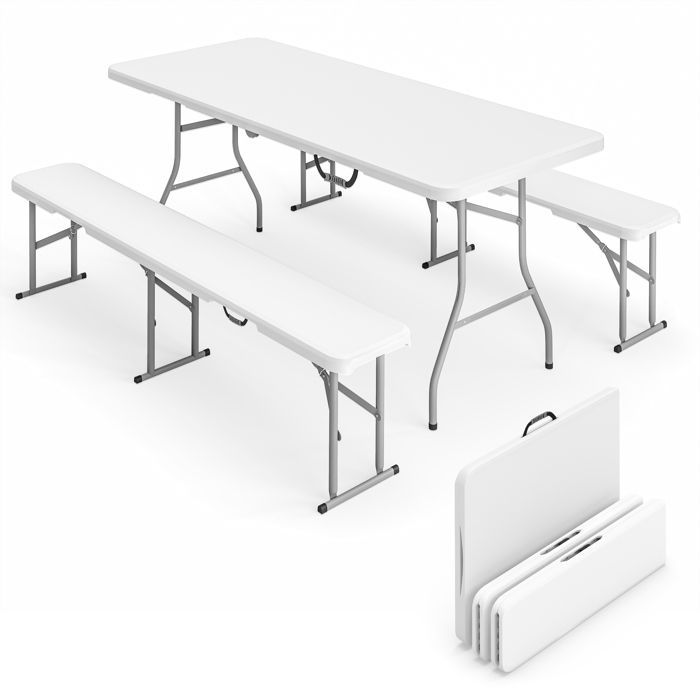 Ensemble table pliante et bancs de pique-nique 180 cm - Outsunny - poignées de transport - charge 240 Kg - blanc