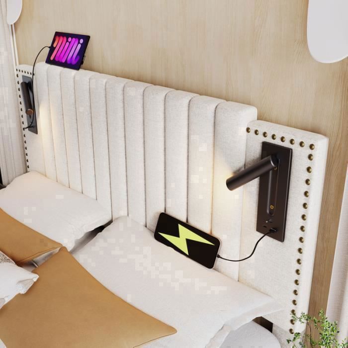 Letto matrimoniale imbottito - PDZZZD - 180x200 cm - Vano contenitore - Ricarica USB - Beige
