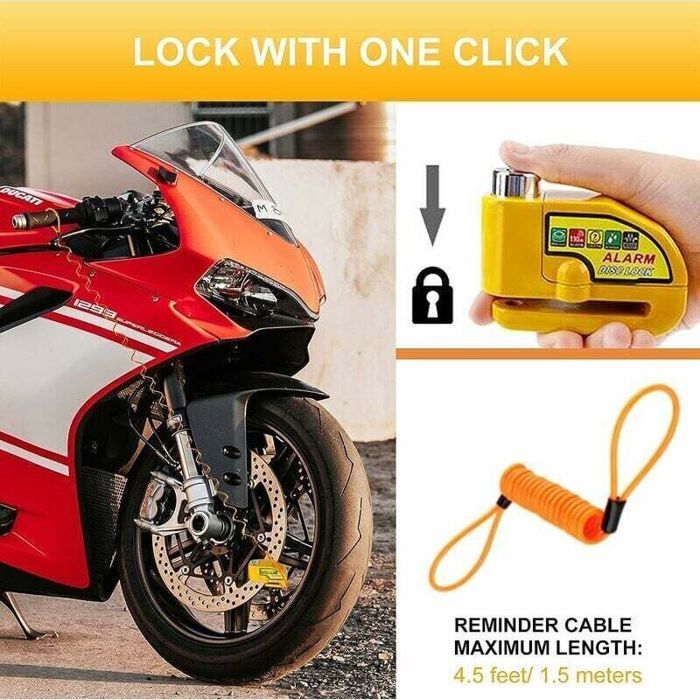 Candado para motocicleta con alarma - PZCC - 110 dB - 2 llaves - Cable de seguridad de 1,5 m - Bolsa de transporte - Amarillo