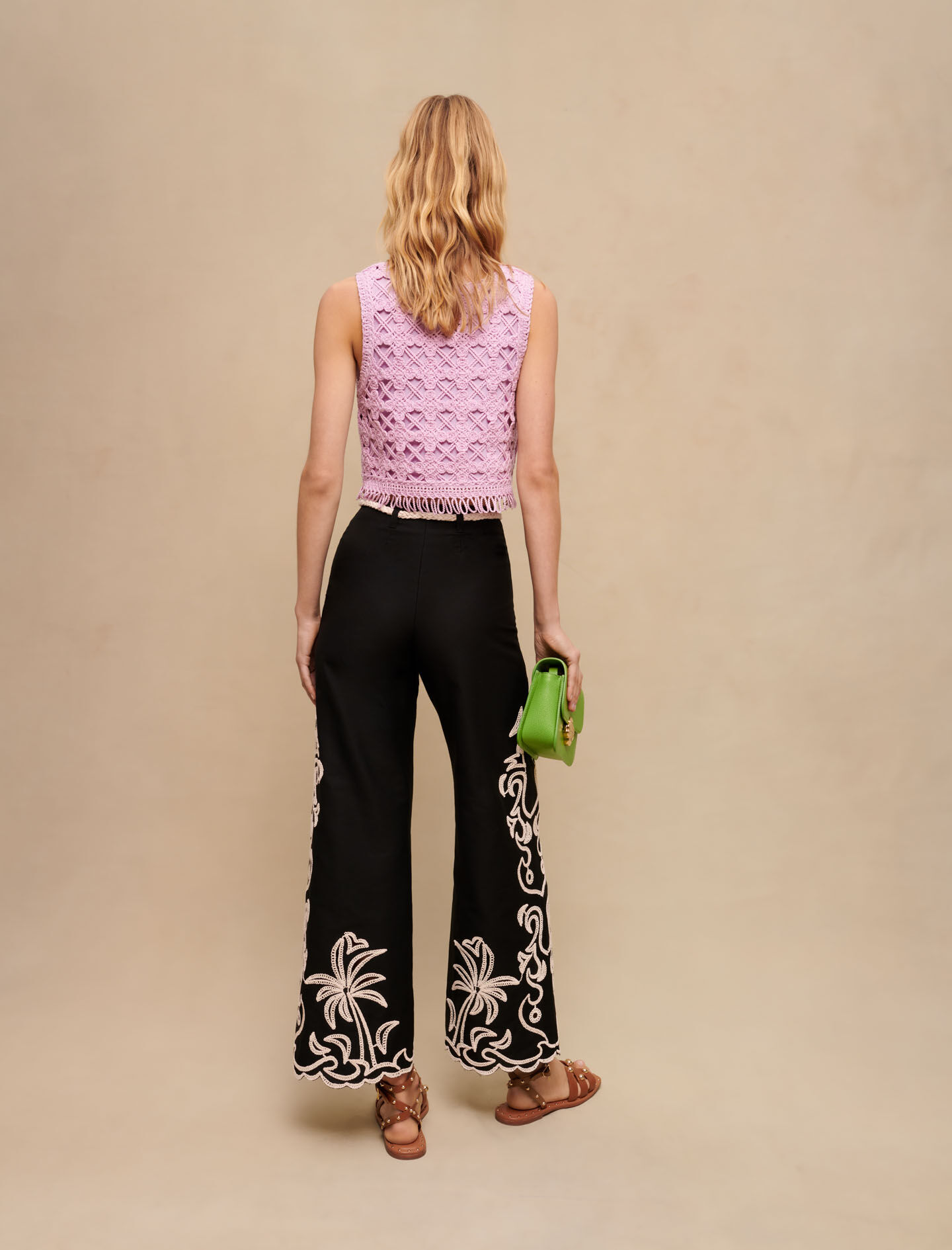 Pantaloni cu broderie cu palmieri - Negru