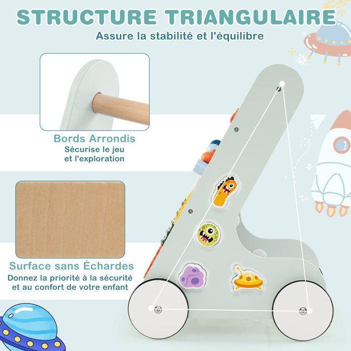 LIFEZEAL Chariot de Marche Bébé en Bois 1+ Ans, Trotteur Evolutif 8 en 1 Multifonctionnel,  Jouet éducatif, Marcheur pour Bebe, Ver
