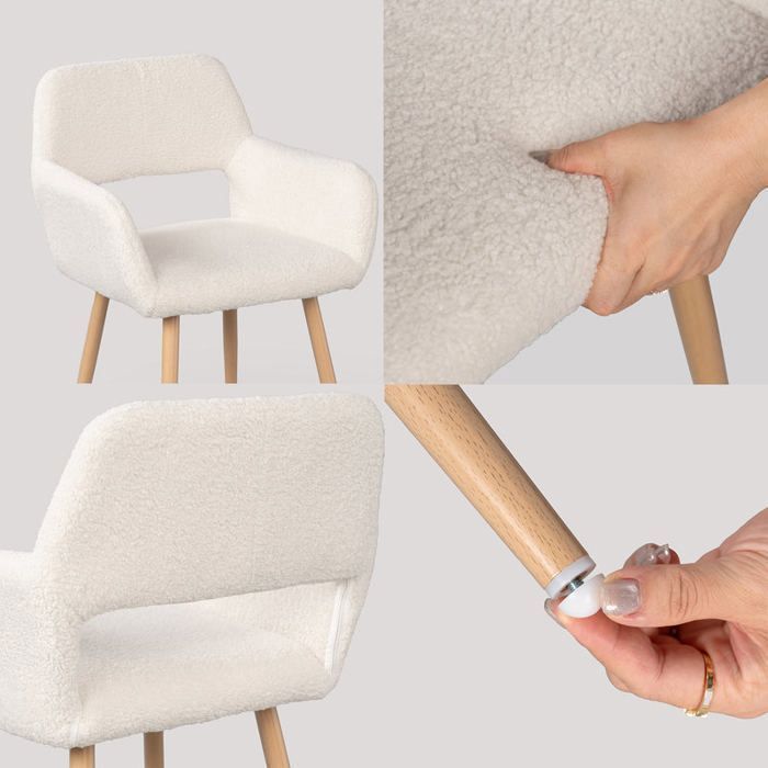 MUEBLES ACOGEDORES Juego de 2 sillas de comedor escandinavas con reposabrazos en tela de piel de oveja beige con bucles - CROMWELL