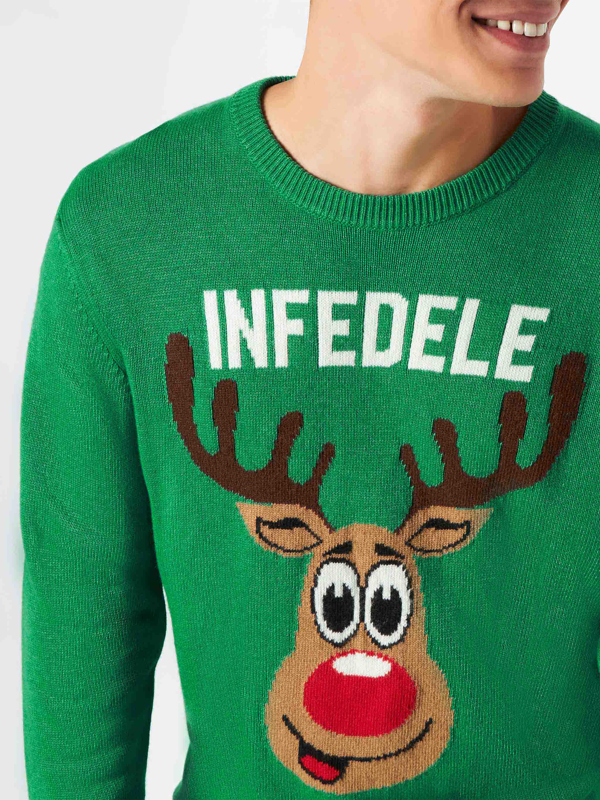 Grüner Herrenpullover mit Ungläubigen-Aufdruck