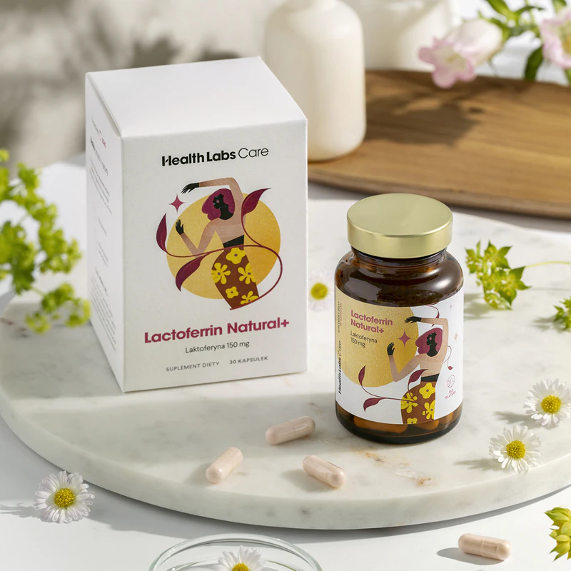 Kapsuly výživového doplnku Health Labs Care Lactoferrin Natural+ na podporu trávenia
