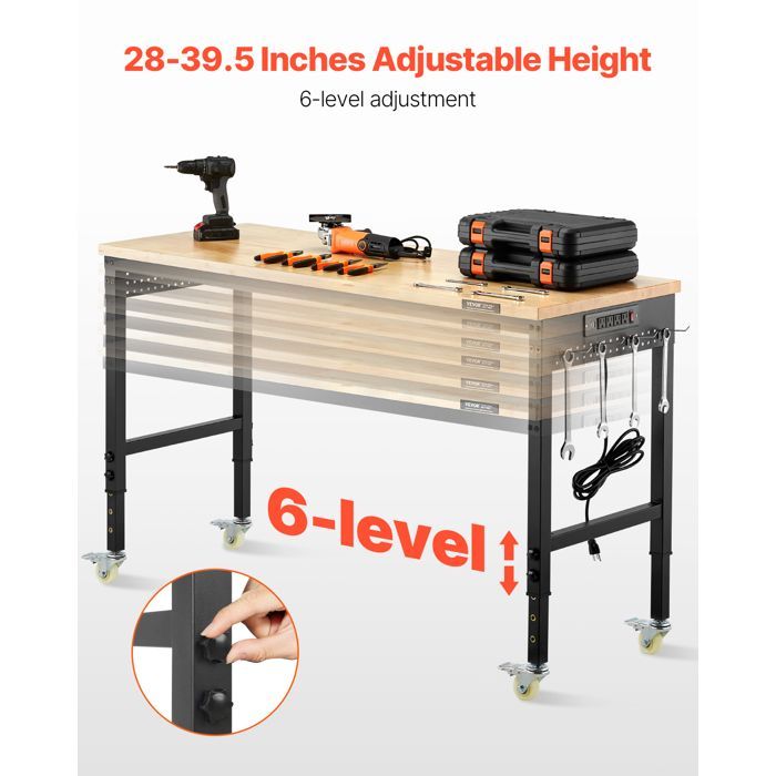 Banco de trabajo VEVOR de 1524 mm, mesa de trabajo para taller/garaje con ruedas y altura ajustable - Capacidad de carga de 907,2 kg - para oficina