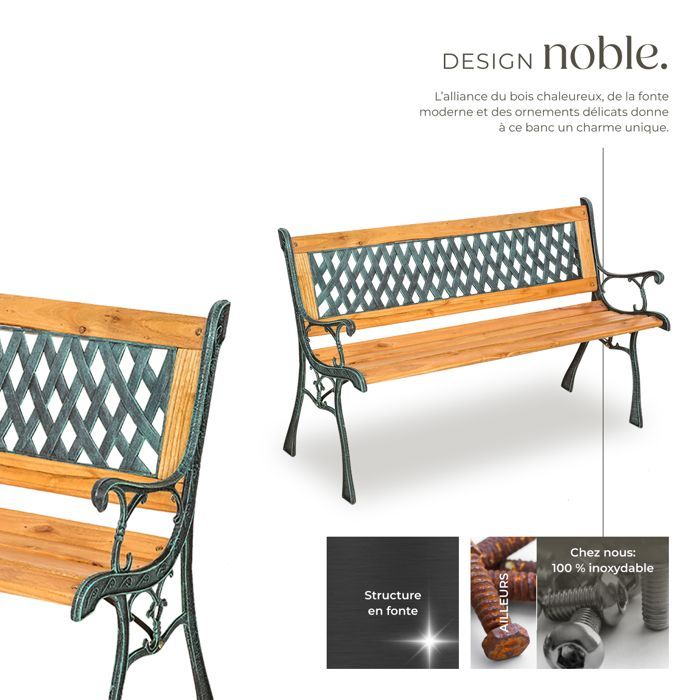 Banco de exterior - TECTAKE - TAMARA Banco de jardín de 2 plazas en madera natural lacada y hierro fundido, 128 x 51 x 73 cm - Marrón