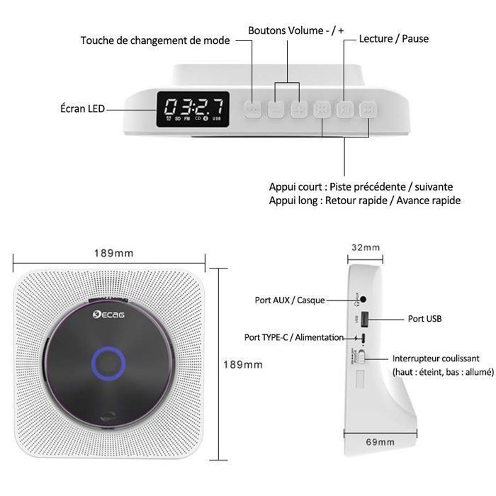 Retro Bluetooth CD Player - USB/AUX/FM - Bluetooth Transmitter & Receiver - HiFi - With Remote Control - Rechargeable - White