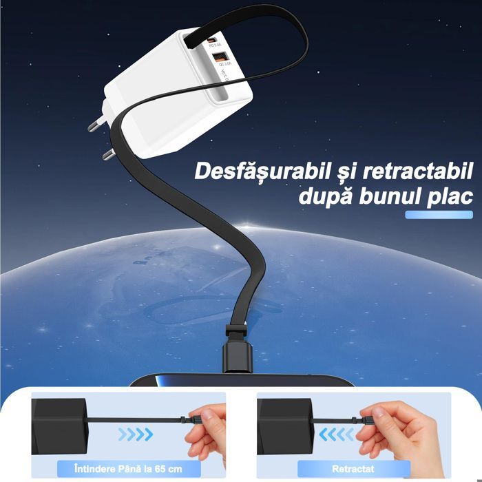FOSMET 80W Fast Charger, Multi-Socket Replacement, Super Fast Charging, with Retractable Cable, for iPhone/Samsung/Huawei/Galaxy
