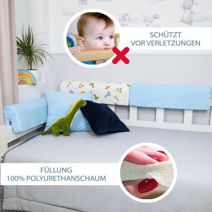 Atmungsaktiver Babybettumrandungsschutz mit Schaumstoffkante, blauer Minky-Stoff – TOTSY BABY – 90 cm