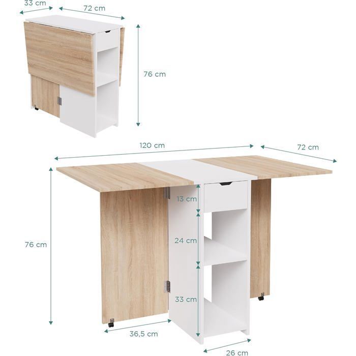 CASABEL – Mesa de comedor plegable, centro blanco y tablero de madera clara, para 2-4 personas – Ahorra espacio en la cocina y el comedor.