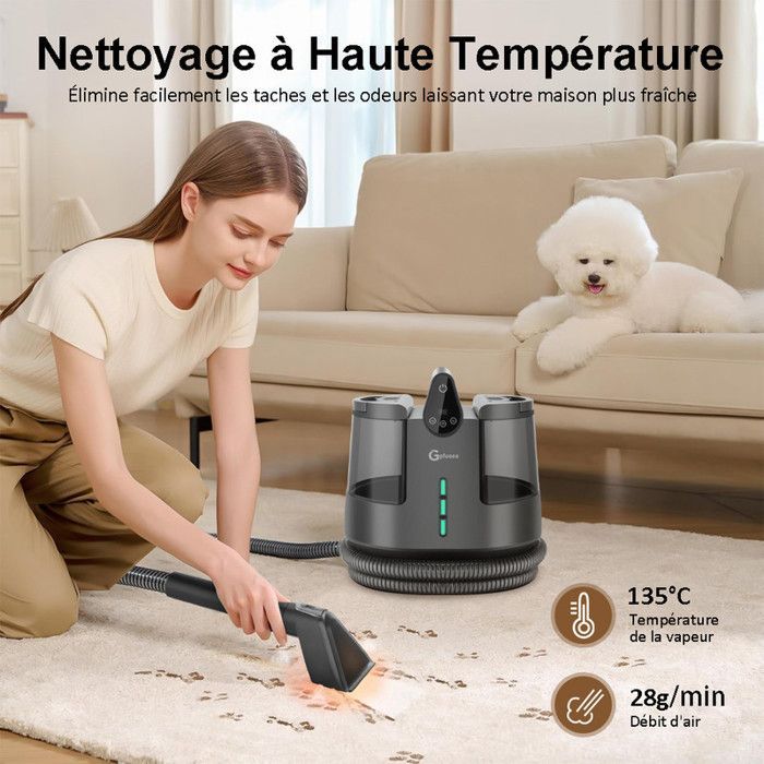 Limpiador de sofás, alfombras y telas de 14 kPa - 3 ajustes de temperatura y 1 función de vapor - Depósitos dobles de 2,0 L + 1,2 L - 22 accesorios multifuncionales
