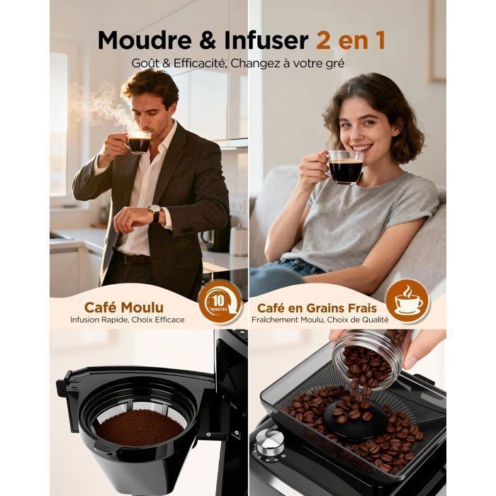 Macchina da caffè Aigostar con macinacaffè integrato, 1400 W - Macchina per caffè filtro, 1,5 l (12 tazze) - 7 impostazioni di macinatura e 3 livelli di intensità - Programmabile 24 ore su 24