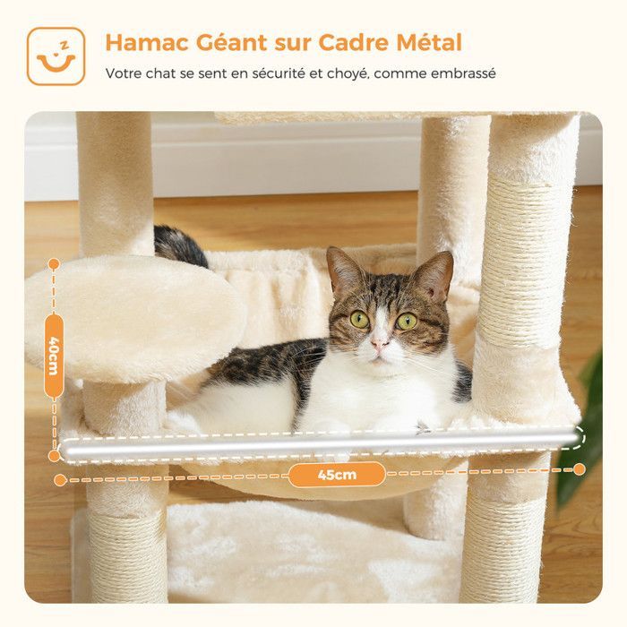 PAWZ Road krabpaal, ruim ontwerp, grote, stevige en stabiele hangmat met hangmat en prachtig kattenhuis - middelgroot, beige, 116 cm
