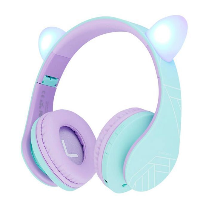 Kinderkoptelefoon - POWERLOCUS - P2 - Bluetooth - Batterijduur 15 uur - Blauw-paarse kattenoortjes