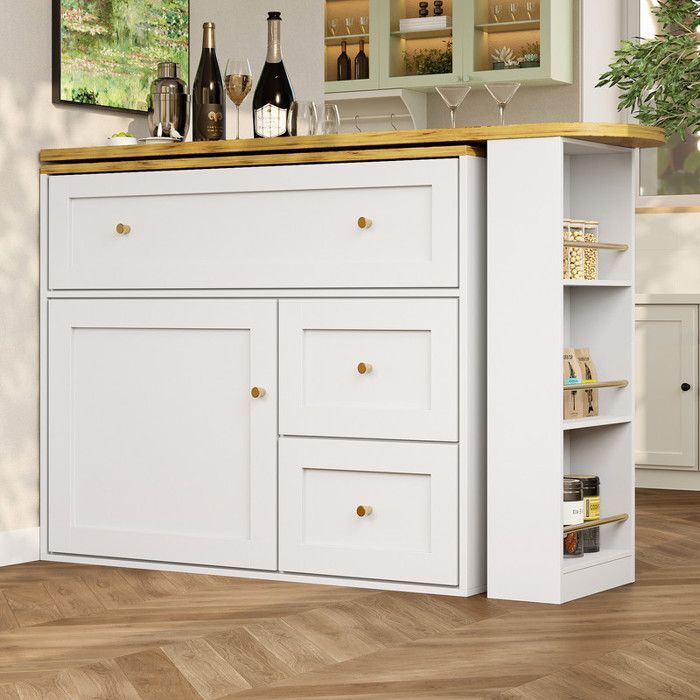 Niedriges Sideboard 138–204 × 39 × 105 cm mit ausziehbarer Bartheke, Küchen-Sideboard mit Ablage für Snacks, Wohnzimmer-Sideboard in Weiß