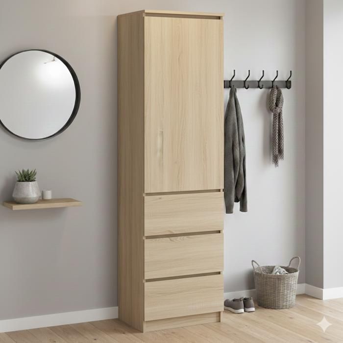 Armario de almacenamiento de 3 cajones y 3 estantes - Armario de oficina - Mueble de almacenamiento para dormitorio - 50x40x180 cm - Sonoma