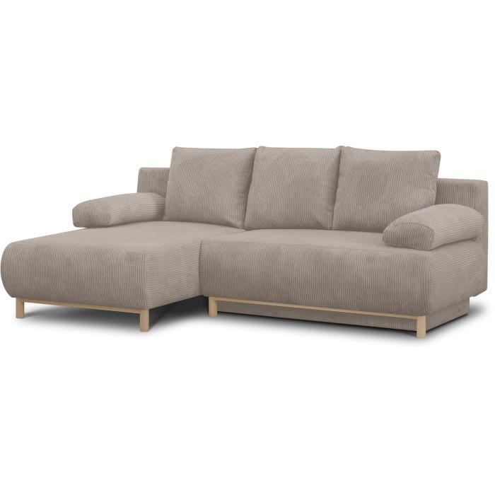 Canapé d'angle gauche convertible - 3 places - MIKA - Tissu velours côtelé taupe - Coffre de rangement - 192 x 84 x 93 cm