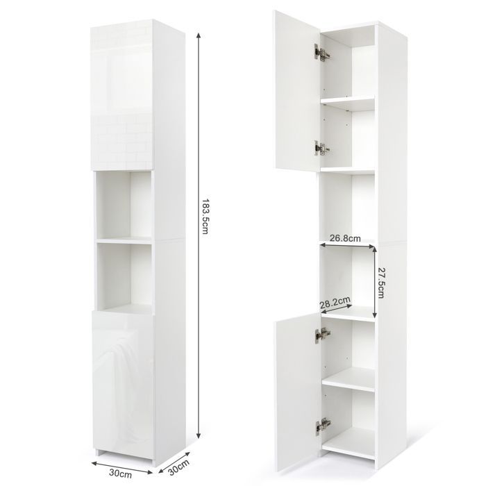 Armario de baño alto y estrecho Mondeer con 2 puertas brillantes, 6 compartimentos ajustables, blanco.