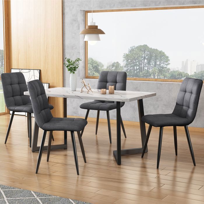 Set tavolo da pranzo 117×68 cm con 4 sedie - Set moderno tavolo e sedie per cucina/soggiorno - Sedie in lino grigio scuro