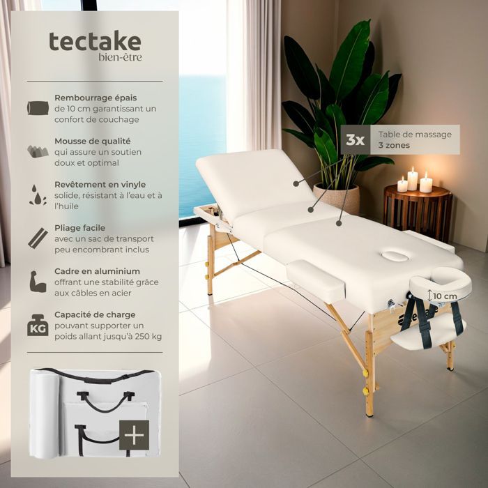 Camilla de masaje - TECTAKE - Camilla de tratamiento plegable de 3 secciones con bolsa de transporte 218 x 102 x 90 cm - Beige