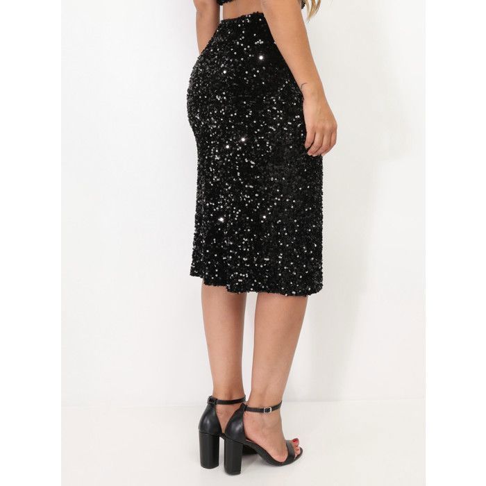Falda recta de lentejuelas con abertura frontal. Forro de malla. Para mujer - Faldas - La Modeuse
