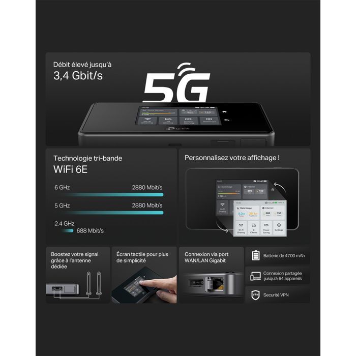 Router móvil 5G - TP-LINK - M8550 - WiFi 6E AXE3600 - 3,4 Gbps - Pantalla táctil - USB-C