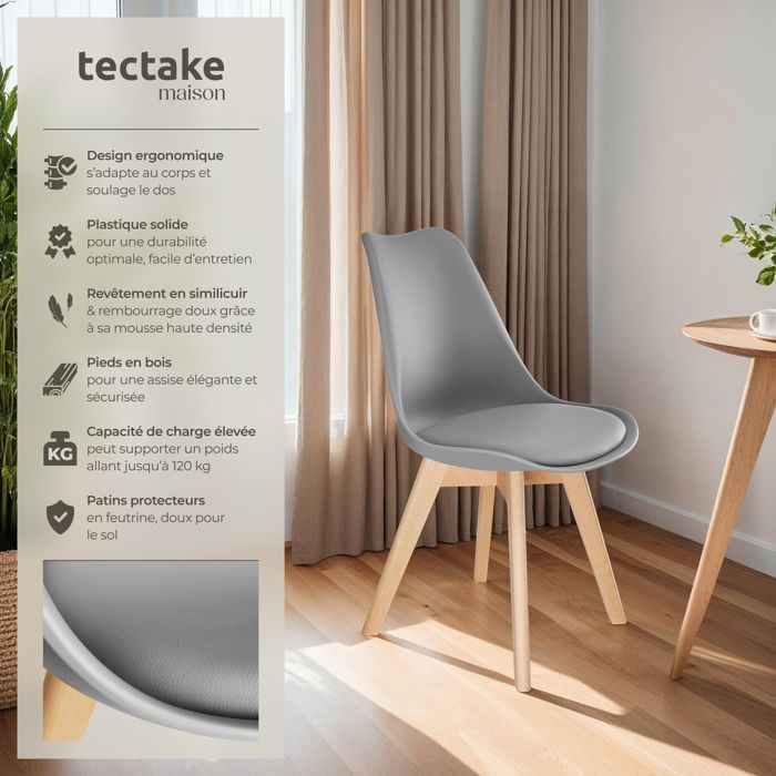 Sillas de comedor - TECTAKE - Juego de 6 sillas de comedor FRÉDÉRIQUE, estilo escandinavo, forma ergonómica - Gris